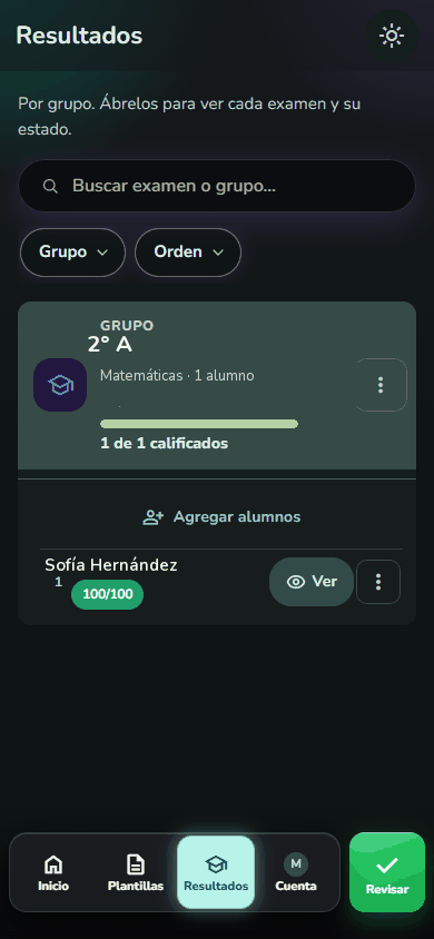Resultados del grupo 2° A con la calificación de Sofía Hernández
