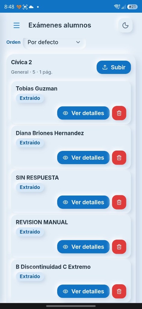 Lista de exámenes de alumnos extraídos