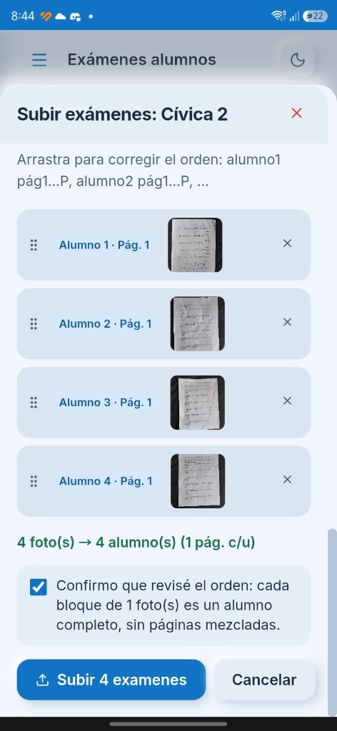 Subida de exámenes de alumnos
